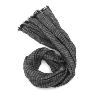 Small black and gray horizontal striped linen scarf with frayed edges, coiled on a white background.