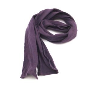 Skinny purple linen scarf coiled on a white background.