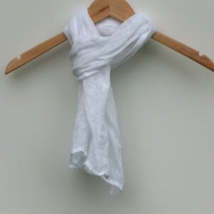 Small pure white gauze linen neck scarf for men and women on a wooden hanger.