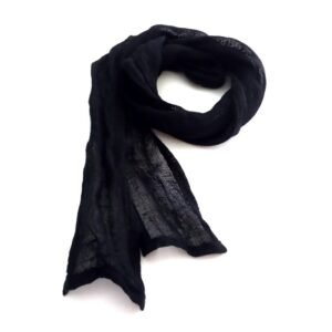 A skinny black scarf made of sheer linen gauze fabric.