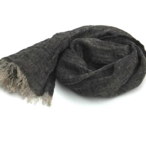Small dark grey mens linen scarf coiled on a white background.