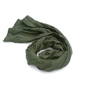 Short and narrow khaki green linen scarf for men and women, coiled on a white background.