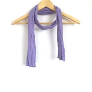 A skinny lavender scarf hanging on a wooden hanger. The scarf is made of a softened linen fabric.